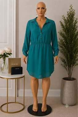Indulge gogoapparel.com Teal Chiffon Button-Up Shirt Dress with High-Low Hem